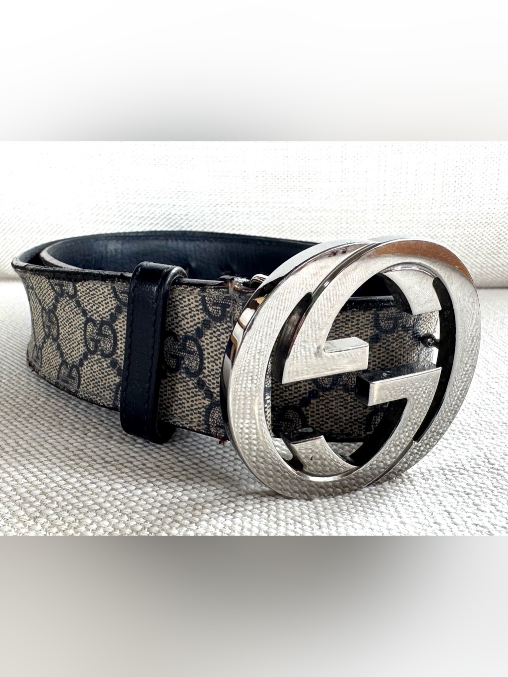Gucci Gg Supreme Interlocking G Belt Blue Gray Monogram Leather 85/34